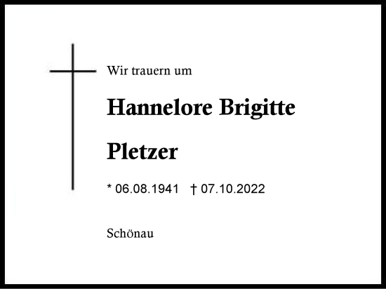 Traueranzeige von Hannelore Brigitte Pletzer von Region Chiemgau