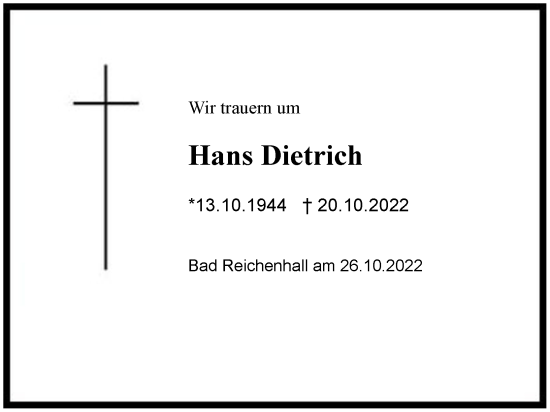 Traueranzeige von Hans Dietrich von Region Berchtesgadener Land