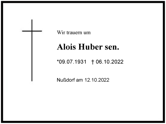 Traueranzeige von Alois Huber von Region Chiemgau