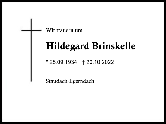 Traueranzeige von Hildegard Brinskelle von Region Chiemgau