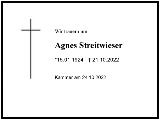 Traueranzeige von Agnes Streitwieser von Region Chiemgau