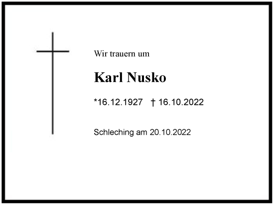 Traueranzeige von Karl Nusko von Region Chiemgau