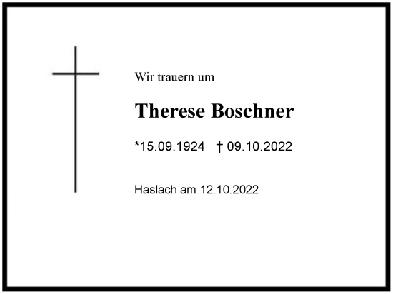 Traueranzeige von Therese Boschner von Region Chiemgau