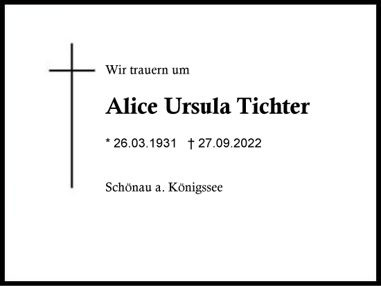 Traueranzeige von Alice Ursula Tichter von Region Chiemgau