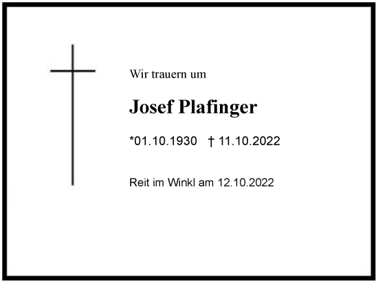 Traueranzeige von Josef Plafinger von Region Chiemgau