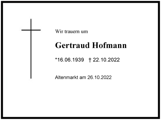 Traueranzeige von Gertraud Hofmann von Region Chiemgau