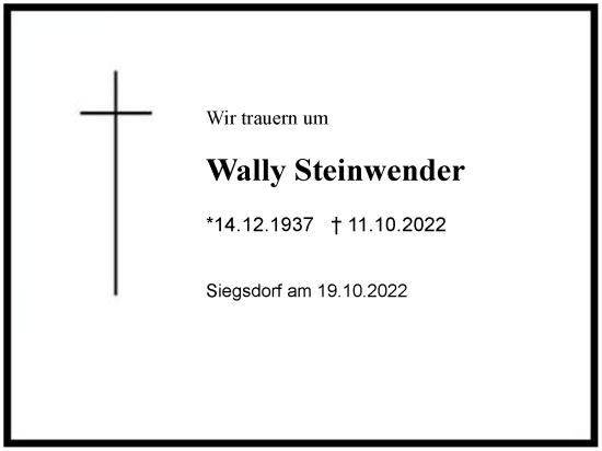 Traueranzeige von Wally Steinwender von Region Chiemgau