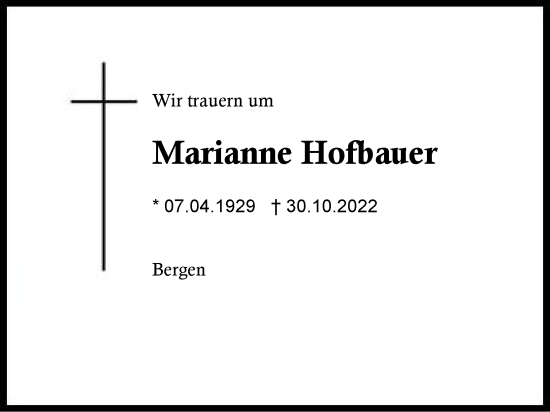 Traueranzeige von Marianne Hofbauer von Region Chiemgau