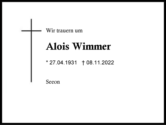 Traueranzeige von Alois Wimmer von Traunstein