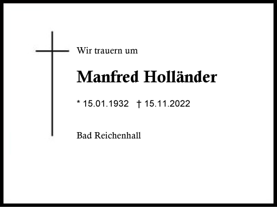 Traueranzeige von Manfred Holländer von Region Berchtesgadener Land