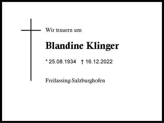 Traueranzeige von Blandine Klinger von Region Berchtesgadener Land