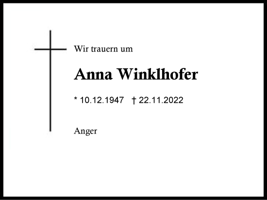 Traueranzeige von Anna Winklhofer von Region Berchtesgadener Land