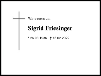 Traueranzeige von Sigrid Friesinger von Region Chiemgau