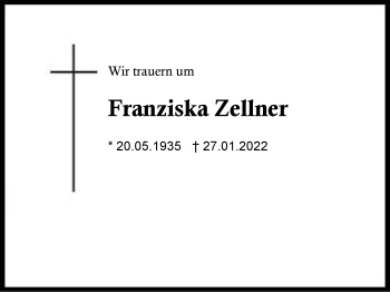 Traueranzeige von Franziska Zellner von Region Chiemgau