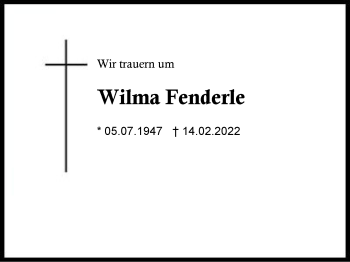 Traueranzeige von Wilma Fenderle von Region Berchtesgadener Land