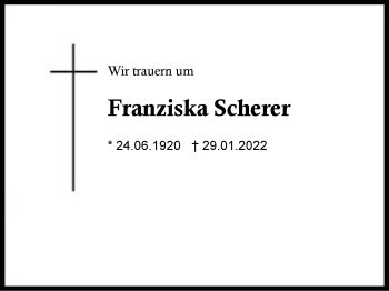 Traueranzeige von Franziska Scherer von Region Chiemgau