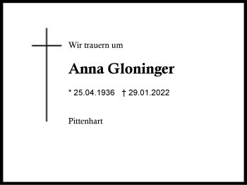 Traueranzeige von Anna Gloninger von Region Traunstein