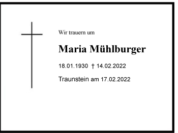 Traueranzeige von Maria Mühlberger von Region Chiemgau