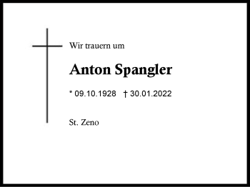 Traueranzeige von Anton Spangler von Region Berchtesgadener Land