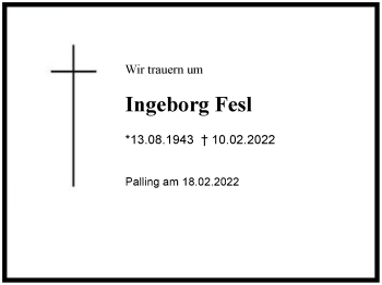 Traueranzeige von Ingeborg Fesl von Region Chiemgau