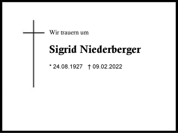 Traueranzeige von Sigrid Niederberger von Region Berchtesgadener Land