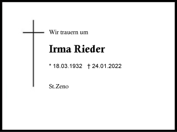 Traueranzeige von Irma Rieder von Region Berchtesgadener Land