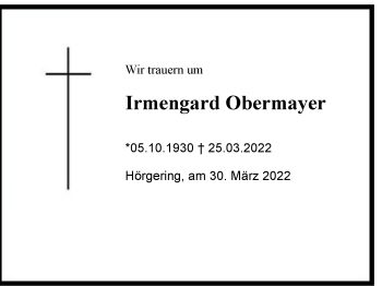 Traueranzeige von Irmengard Obermayer von Region Chiemgau