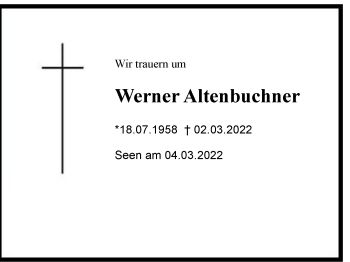 Traueranzeige von Werner Altenbuchner von Region Chiemgau