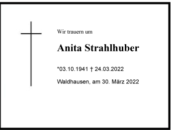 Traueranzeige von Anita Strahlhuber von Region Chiemgau