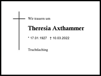 Traueranzeige von Theresia Axthammer von Region Chiemgau