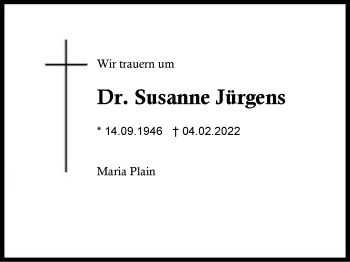 Traueranzeige von Susanne Jürgens von Region Berchtesgadener Land