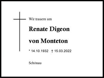 Traueranzeige von Renate Digeon von Monteton von Region Chiemgau