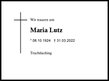 Traueranzeige von Maria Lutz von Region Chiemgau