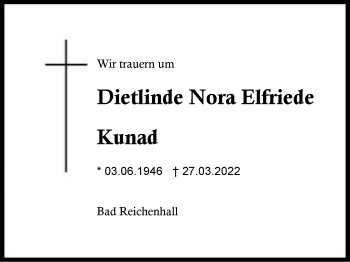 Traueranzeige von Dietlinde Nora Elfriede Kunad von Region Berchtesgadener Land