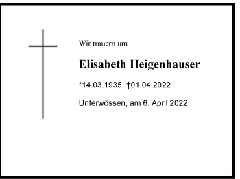 Traueranzeige von Elisabeth Heigenhauser von Region Chiemgau