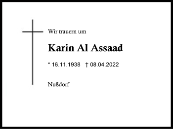 Traueranzeige von Karin Al Assaad von Region Traunstein