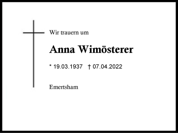 Traueranzeige von Anna Wimösterer von Region Traunstein