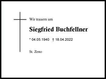 Traueranzeige von Siegfried Buchfellner von Region Berchtesgadener Land