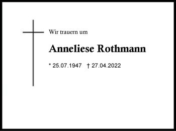 Traueranzeige von Anneliese Rothmann von Region Traunstein