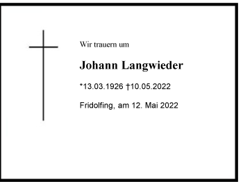 Traueranzeige von Johann Langwieder von Region Chiemgau