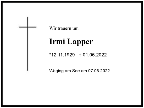 Traueranzeige von Irmi Lapper von Region Chiemgau