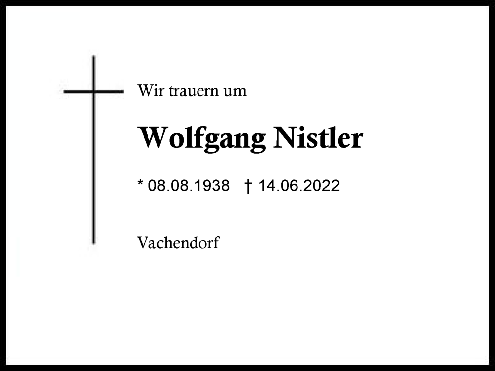  Traueranzeige für Wolfgang Nistler vom 18.06.2022 aus Traunstein