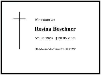 Traueranzeige von Rosina Boschner von Region Berchtesgadener Land