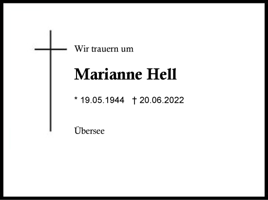 Traueranzeige von Marianne Hell von Region Chiemgau