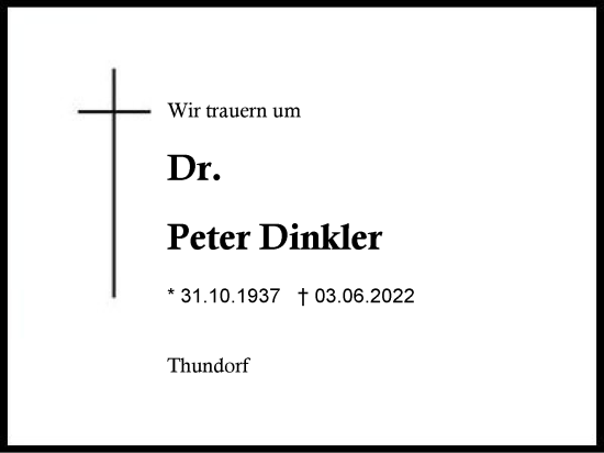 Traueranzeige von Peter Dinkler von Region Berchtesgadener Land