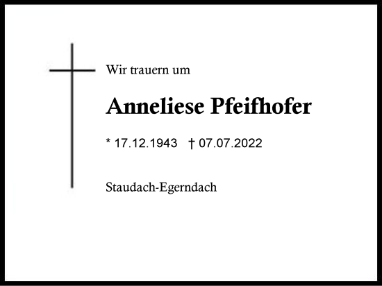 Traueranzeige von Anneliese Pfeifhofer von Region Chiemgau