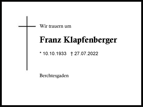 Traueranzeige von Franz Klapfenberger von Region Chiemgau