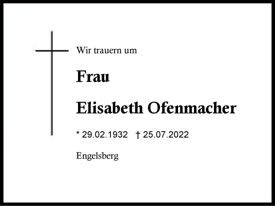 Traueranzeige von Elisabeth Ofenmacher von Traunstein