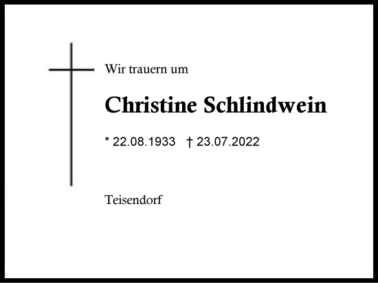 Traueranzeige von Christine Schlindwein von Region Berchtesgadener Land