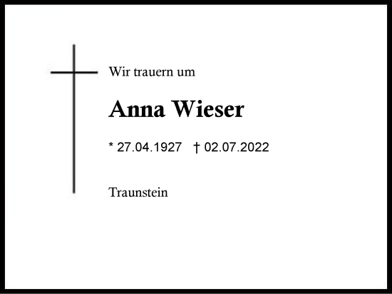 Traueranzeige von Anna Wieser von Region Chiemgau